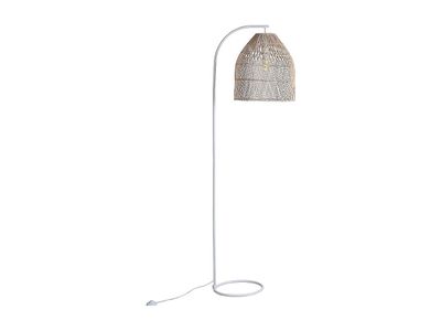 a white floor lamp with a wicker shade on it