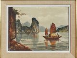une image représentant un tableau où l'on voit un bateau sur un plan d'eau, avec des montagnes en arrière-plan