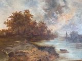 a painting of a river with a boat in the water