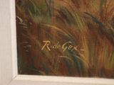 an image of a painting of a field of grass with a bird flying over it