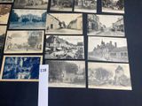 several old black and white photographs of buildings and people