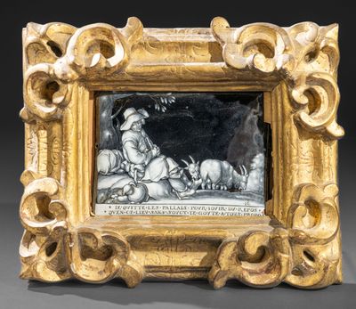 une image représentant un cadre doré dans lequel figure la photo d'un homme et d'un chien