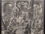 un vieux dessin en noir et blanc représentant une foule de personnes dans un bâtiment