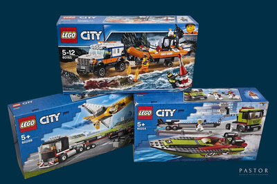 three lego city vehicles are in a box on a blue background