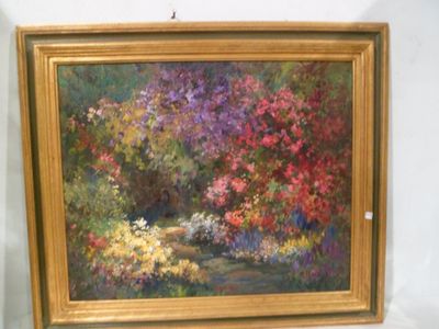 a picture of a painting of a garden with flowers
