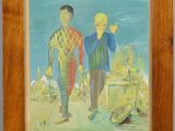 an oil painting of two people walking down a sidewalk