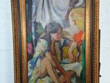 une peinture représentant une femme assise sur une chaise