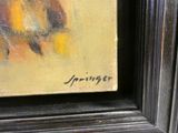 une peinture à l'huile représentant une abeille sur fond jaune, dans un cadre noir