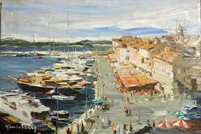 une peinture représentant une scène portuaire avec des bateaux et des gens