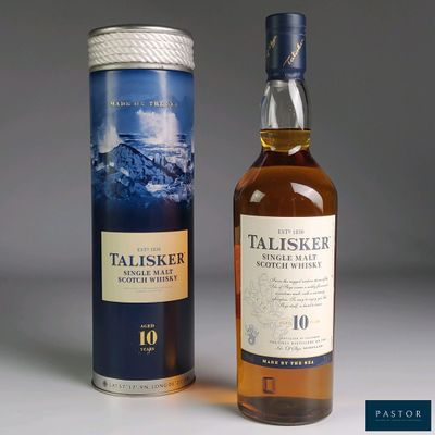 a bottle of talisker 10 years old and a canister of whisky