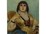 tableau représentant une femme en robe jaune assise sur une chaise