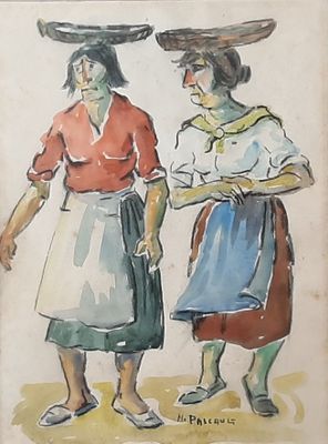 tableau représentant deux femmes coiffées de chapeaux, l'une portant une jupe et l'autre un panier sur la tête