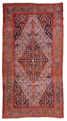 tapis persan antique à motif de médaillon sur fond rouge
