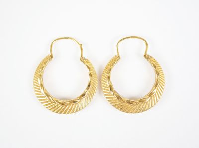 a pair of gold hoop earrings on a white background