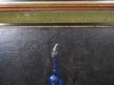 a painting of a blue glass bottle on a table