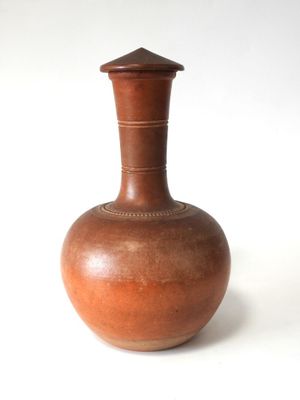 a brown vase sitting on a white surface