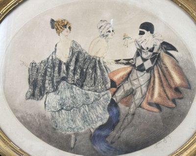 painting of two women in fancy dresses in a gold frame