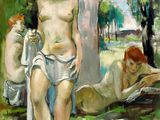 painting of a couple of naked men in a park by a tree