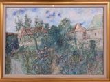 an image of a painting of a house and trees in a field