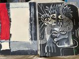 un tableau représentant un homme dont le visage est dessiné sur un livre