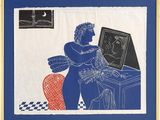 an image of a blue and white drawing of a woman at a desk