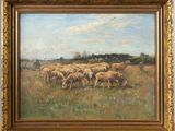 an oil painting of a herd of sheep grazing in a field