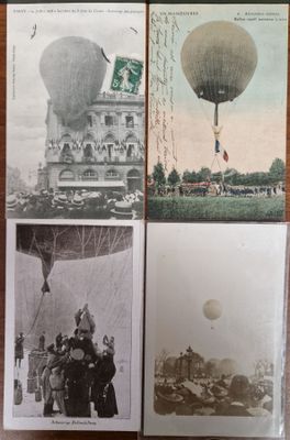 plusieurs vieilles photos de personnes et une montgolfière sur une table