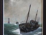 a painting of a boat in the water with a lighthouse in the background