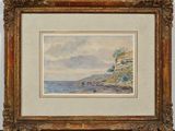 a painting of a boat on the water near a cliff
