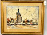 an image of a painting of a street scene with a church in the background
