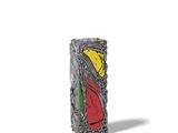 a picture of a colorful glass vase with a bird on it