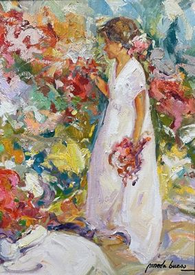 une peinture à l'huile représentant une femme en robe blanche debout devant des fleurs