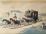 a painting of a horse drawn carriage with people on it