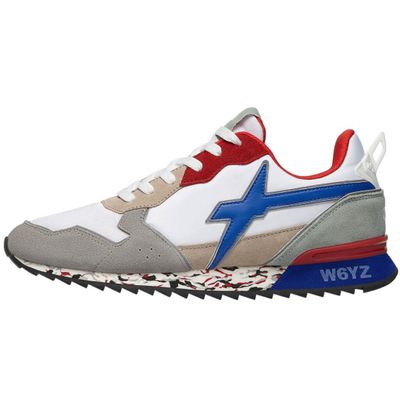 a picture of a white and blue sneaker with red and blue accents