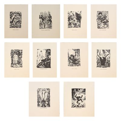 un ensemble de neuf dessins en noir et blanc sur papier