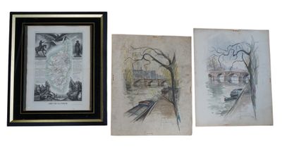 Carte de Corse encadrée (65 x 55 cm hors tout) et deux vues de Paris à - Photo 1
