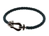 a black leather bracelet with a silver clasp on a white background