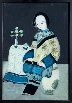 painting of a woman sitting on a table with a cat