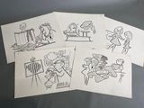 Plusieurs dessins de personnages de dessins animés sont posés sur une table