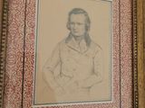 painting of a man with long hair in a white jacket