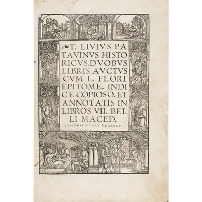 an old book with a black and white image of people in a medieval setting