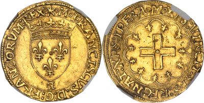 a gold coin with a cross on the front and a shield on the back