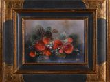 an oil painting of strawberries in a gold frame on a black background