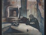 un tableau représentant un homme et un chien assis sur un lit