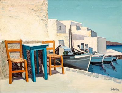 un tableau représentant deux chaises et une table au bord de l'eau