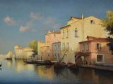 a painting of a canal with a boat in it