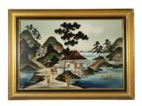 a painting of a house on a hill with a river in the foreground