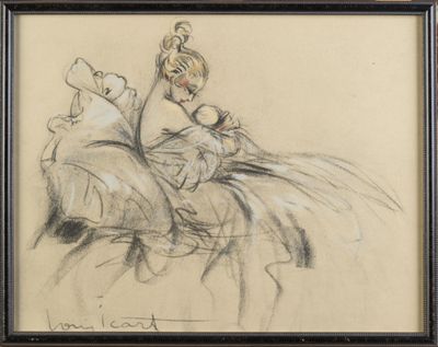 dessin représentant une femme assise sur un lit, une bouteille à la main