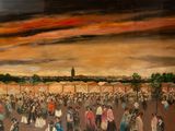 a painting of a large crowd of people walking around