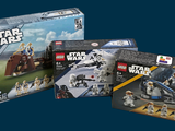 Trois coffrets Lego Star Wars sont présentés dans une boîte sur fond bleu